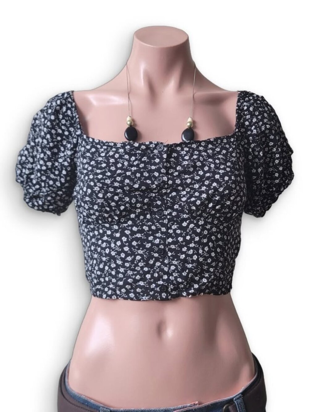 Garage Black Floral Print Short Sleeve Crop Shirt Vintage (S)